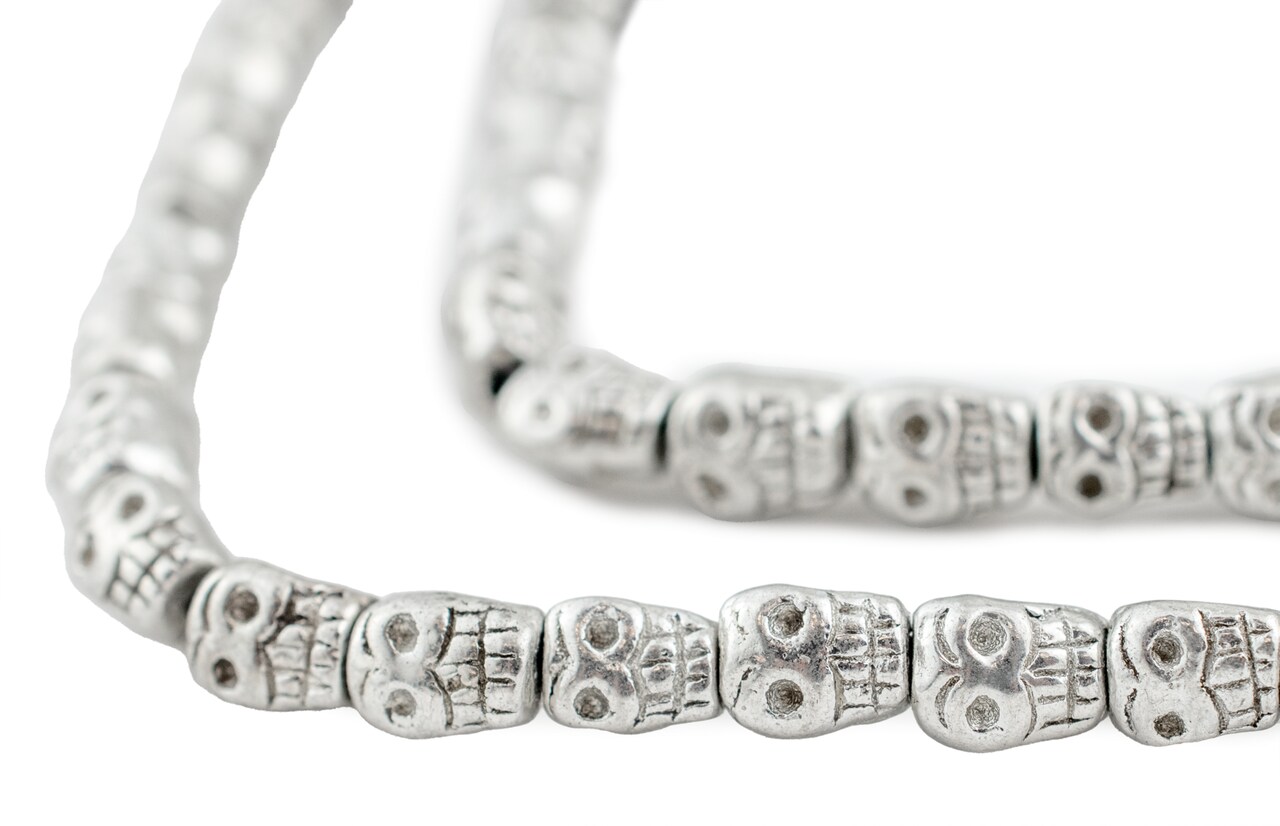 The Bead Chest 8x5mm Metal Skull Beads for Jewelry Making – Silver Finish – 16 Inch Strand, Durable Brass Base, Hole Size 1-2mm – DIY Crafts, Necklaces, Bracelets, Tribal & Goth Designs